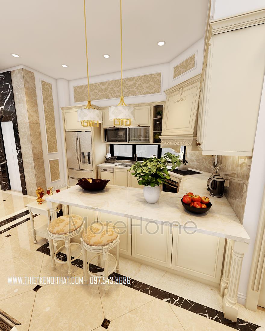 Tủ bếp tân cổ điển – sang trọng và cuốn hút được tôn lên bởi các mẫu tay nắm đẹp