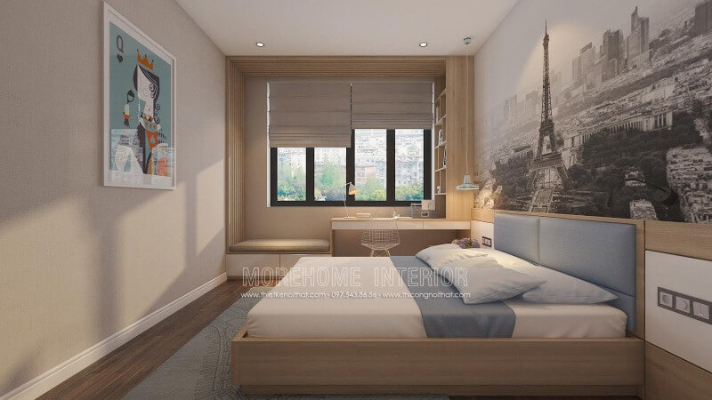 Sắp xếp nội thất phòng ngủ với ý tưởng tập trung vào công năng từ góc làm việc, học tập và giảm thiểu tối đa chi tiết không hữu hiệu như tivi và thay vào đó là tranh treo tường trang trí nghệ thuật đẹp mắt. Mẫu nội thất biệt thự đẹp