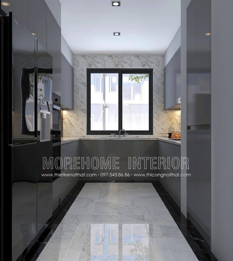 Đối với phòng bếp hiện đại không được lớn, mẫu tủ bếp chữ U gỗ công nghiệp acrylic màu xám là lựa chọn không thể hơn, đặc biệt phù hợp với các không gian chung cư, biệt thự, nhà phố. Mẫu tủ bếp biệt thự acrylic
