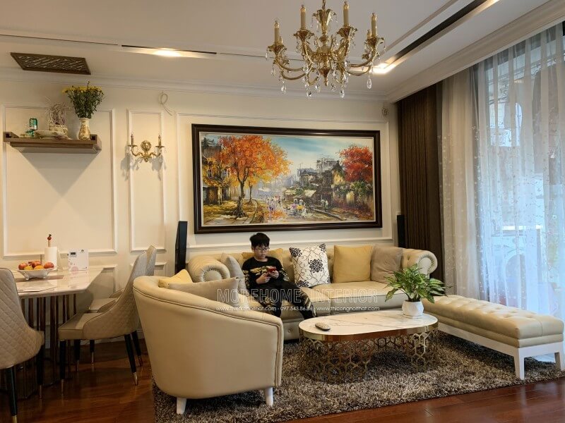 Lắp đặt sofa tân cổ điển cho phòng khách Vinhomes Nguyễn Chí Thanh sofa tân cổ điển