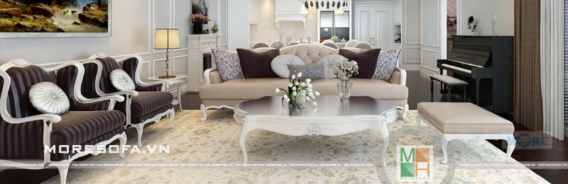 Sofa tân cổ điển MS-027 gỗ tự nhiên Tần bì sơn trắng, bọc nỉ nhập khẩu cao cấp cho phòng khách đơn giản sofa tân cổ điển
