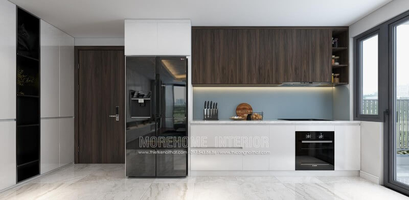 Sự kết hợp hoàn mỹ của 2 tone màu nêu trầm của gỗ Veneer óc chó và màu trắng của gỗ Acrylic đem lại không gian đầy tinh tế và mới lạ cho không gian nội trợ của gia chủ Thiết kế tủ bếp đẹp