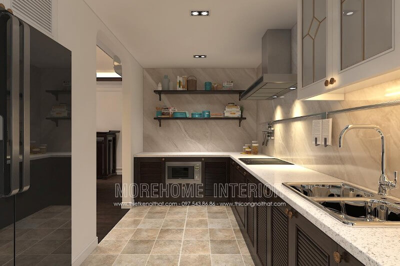 Tủ bếp chữ L với thiết kế hiện đại đơn giản kết hợp chất liệu gỗ tự nhiên nhập khẩu cao cấp cùng màu sắc tương phản mang lại cảm giác căn hộ rộng hơn thực tế Thiết kế phòng bếp, tủ bếp đẹp