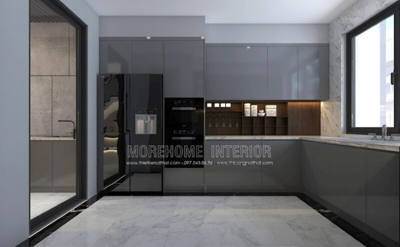 Mẫu tủ bếp gỗ công nghiệp acrylic màu xám đẹp mắt trong thiết kế nội thất phòng bếp hiện đại sẽ là lựa chọn khá phù hợp với các không gian như chung cư, biệt thự, nhà phố. Mẫu tủ bếp biệt thự acrylic
