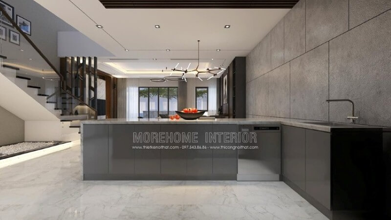 Với ý tưởng trong mẫu trang trí nội thất biệt thự Parkcity trong đây, bạn có thể trang trí ngay không gian đảo tách biệt phòng bếp để có thể phục vụ nhanh nhu cầu của mình mà vẫn đảm bảo nhu cầu tức thời từ bộ tủ đựng đồ được bố trí máy rửa bát, bồn rửa tiện lợi. Thiết kế phòng bếp, tủ bếp đẹp