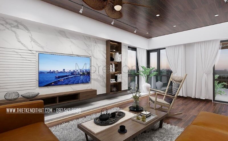 Đá ốp tường vân mây điểm nhấn ấn tượng cho phòng khách hiện đại, sang trọng. Thiết kế phòng khách nhà phố