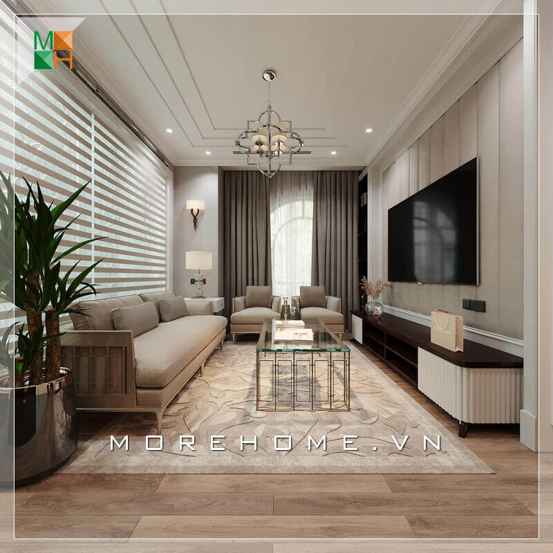 Bộ ghế sofa bọc nỉ màu kem sữa cũng là lựa chọn thông minh cho ngôi nhà, để tôn lên hết vẻ sang trọng của ngôi nhà thì vẫn không thể bỏ qua cái bàn kính hiện đại và đẳng cấp.Tất cả đều hài hòa và tạo nên một kiệt tác hoàn mỹ nhất. Thiết kế phòng khách nhà phố