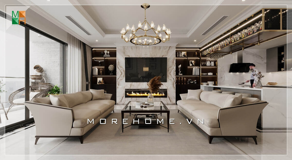 Mẫu kệ gỗ trang trí 2 bên cạnh tivi rất tiện lợi, vừa là kệ để đồ trang trí vừa thể hiện tính thẩm mỹ. Thiết kế phòng khách nhà phố