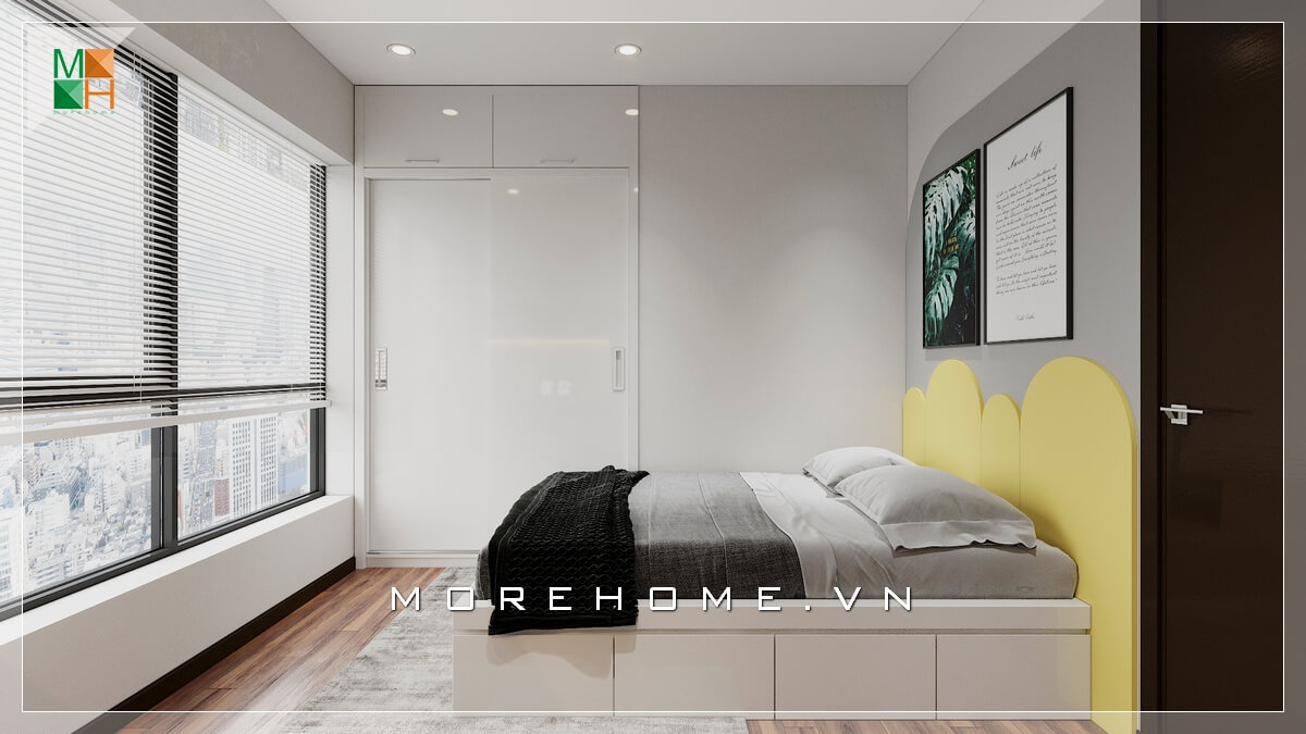 Mẫu giường ngủ khung gỗ hiện đại hướng ra phía cửa sổ thiết kế rộng, sắc vàng đầu giường nổi bật tạo điểm nhấn cho căn phòng ngủ chung cư.