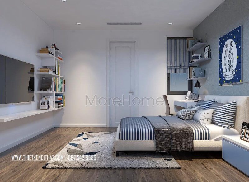 Mẫu giường ngủ có chân bọc vải hiện đại với thiết kế đầu giường bọc nệm cho phòng ngủ của bé