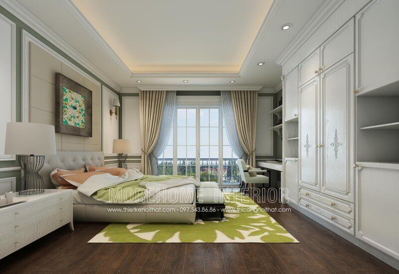 Thiết kế giường ngủ gỗ t bọc da sáng màu tạo sự nhẹ nhàng cho gia chủ